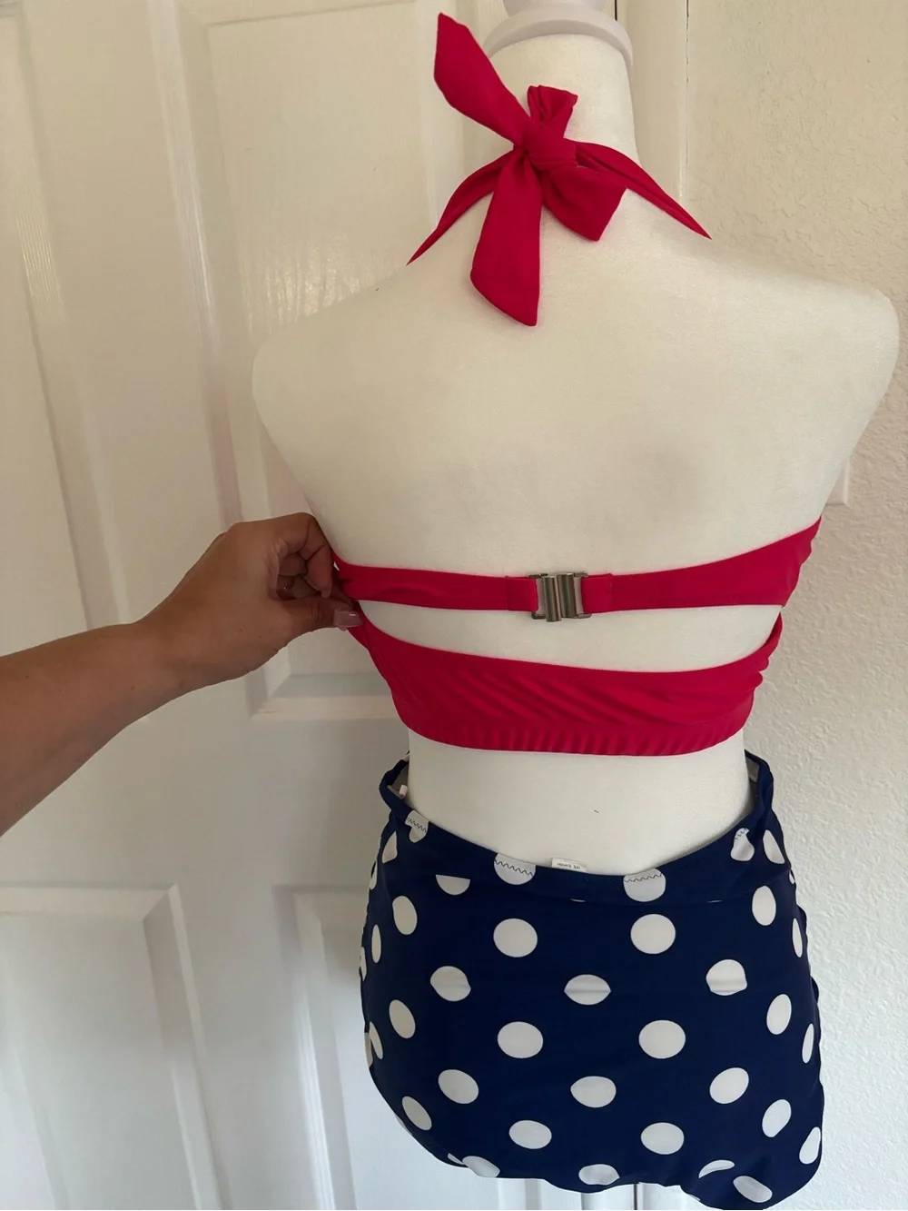 🌞Pink Bandeau Halter Bikini Top with Navy White Polka Dot Skirted Bottom